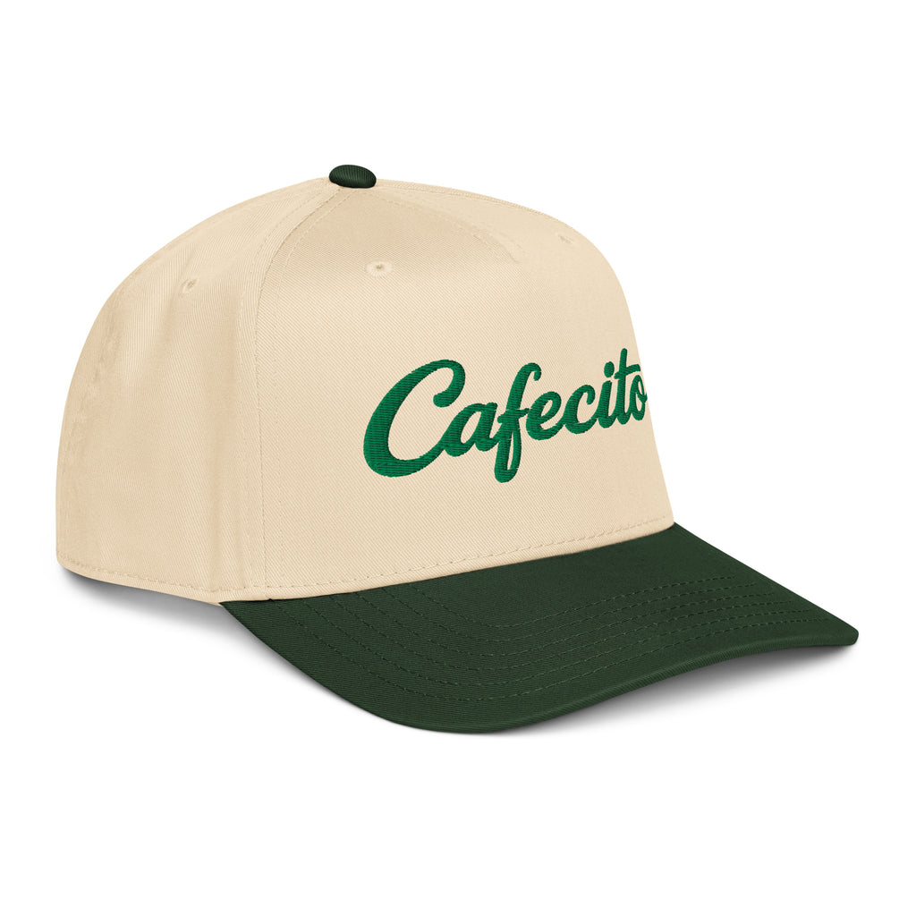 Beige and green cap with 'Cafecito' text on a white background