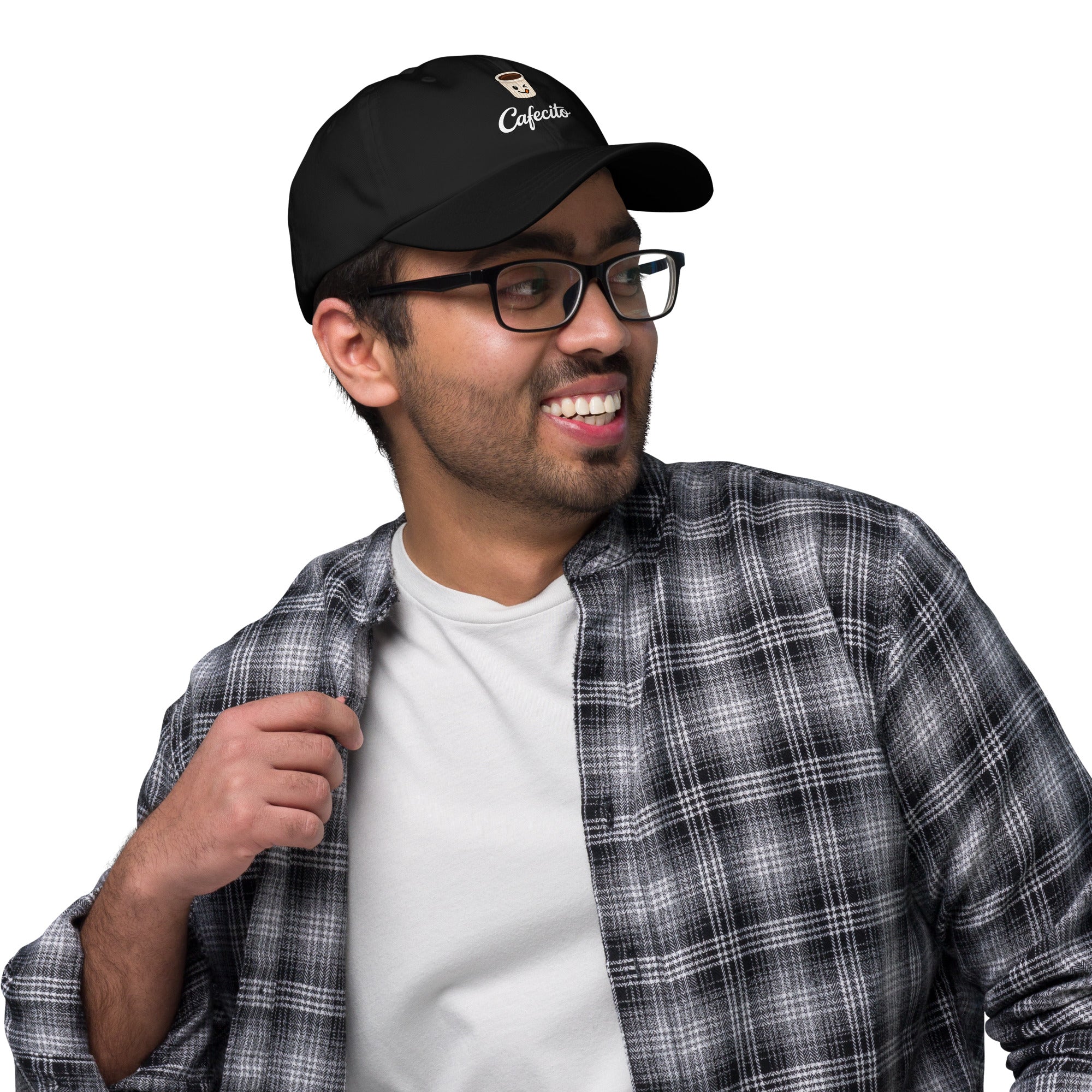 Man wearing a black cafecito coffee hat