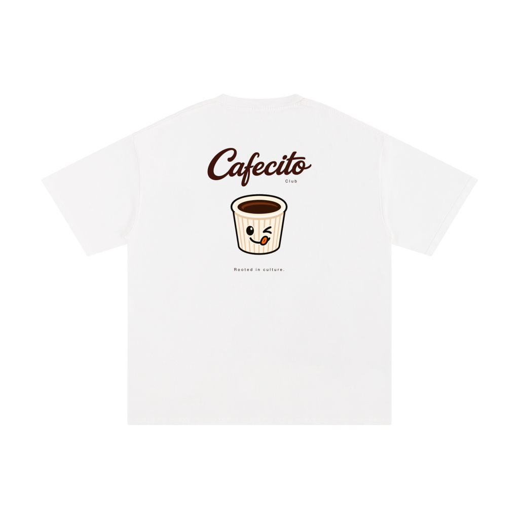 A white short-sleeve t-shirt with a graphic on the chest featuring the text 'Cafecito' and a cute cartoon coffee cup character, displayed on a clean white background.