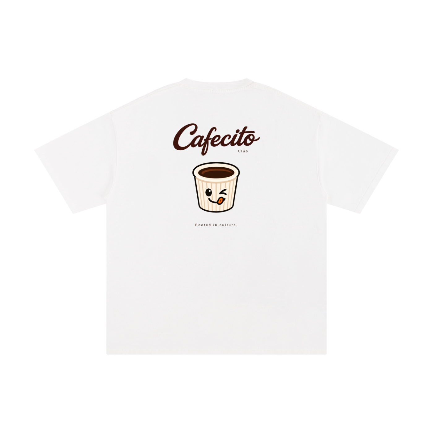 A white short-sleeve t-shirt with a graphic on the chest featuring the text 'Cafecito' and a cute cartoon coffee cup character, displayed on a clean white background.