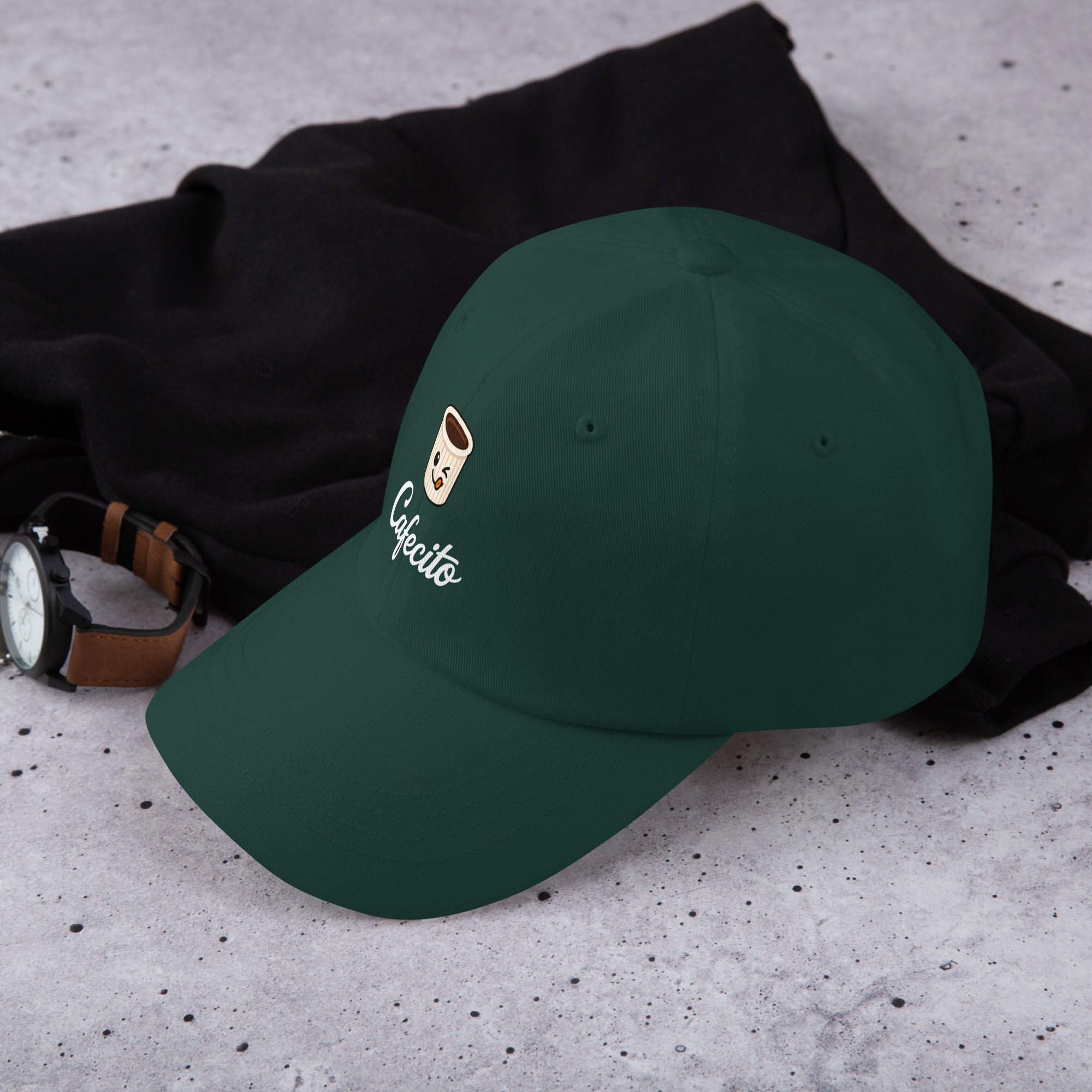 Green Cap with a cafecito cup and logo