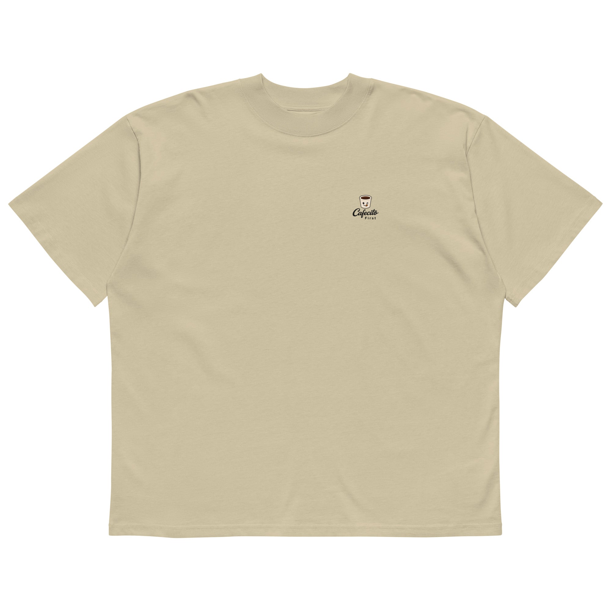 Beige t-shirt with 'cafecito' logo on a white background