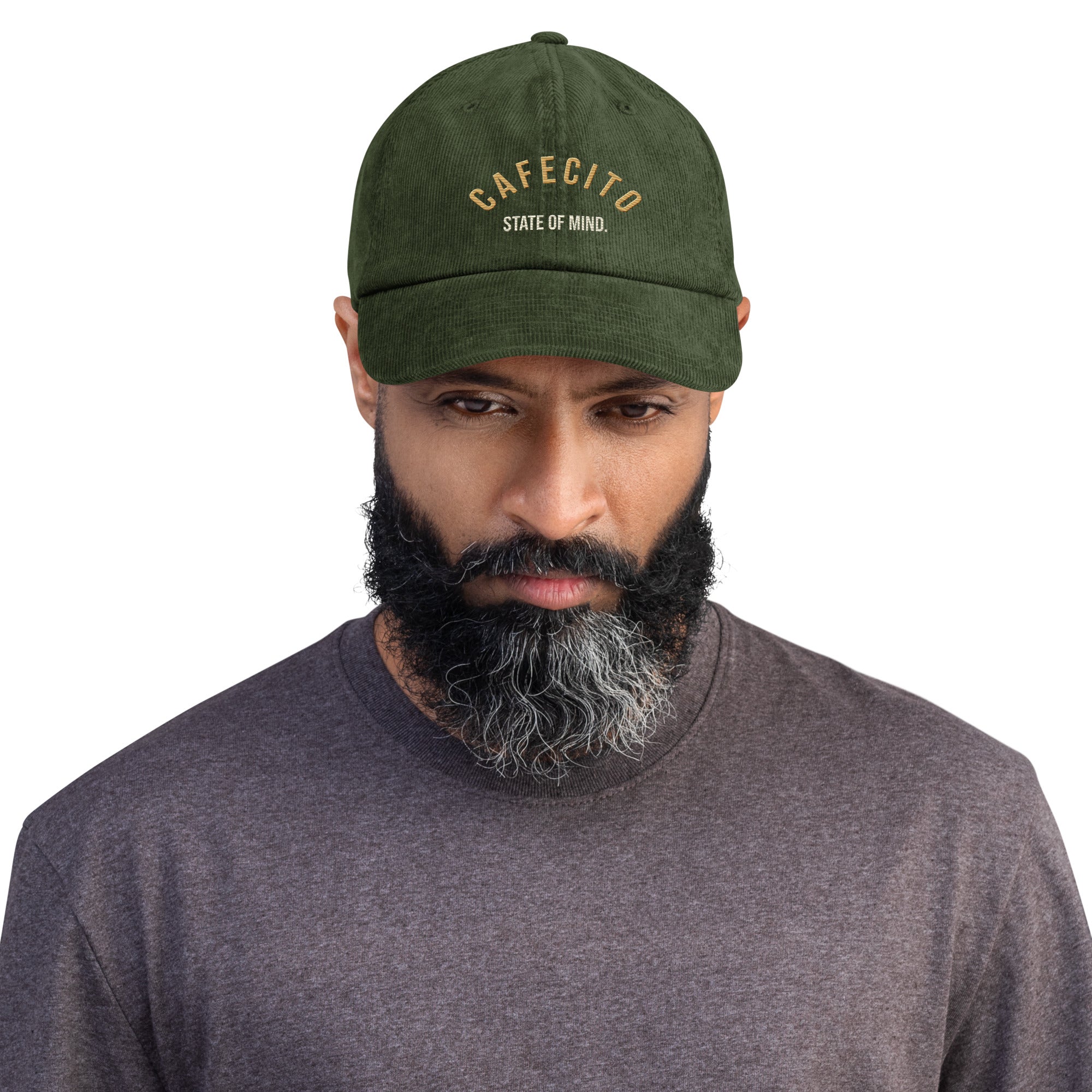 man wearing a cafecit coffee hat with state of mind text