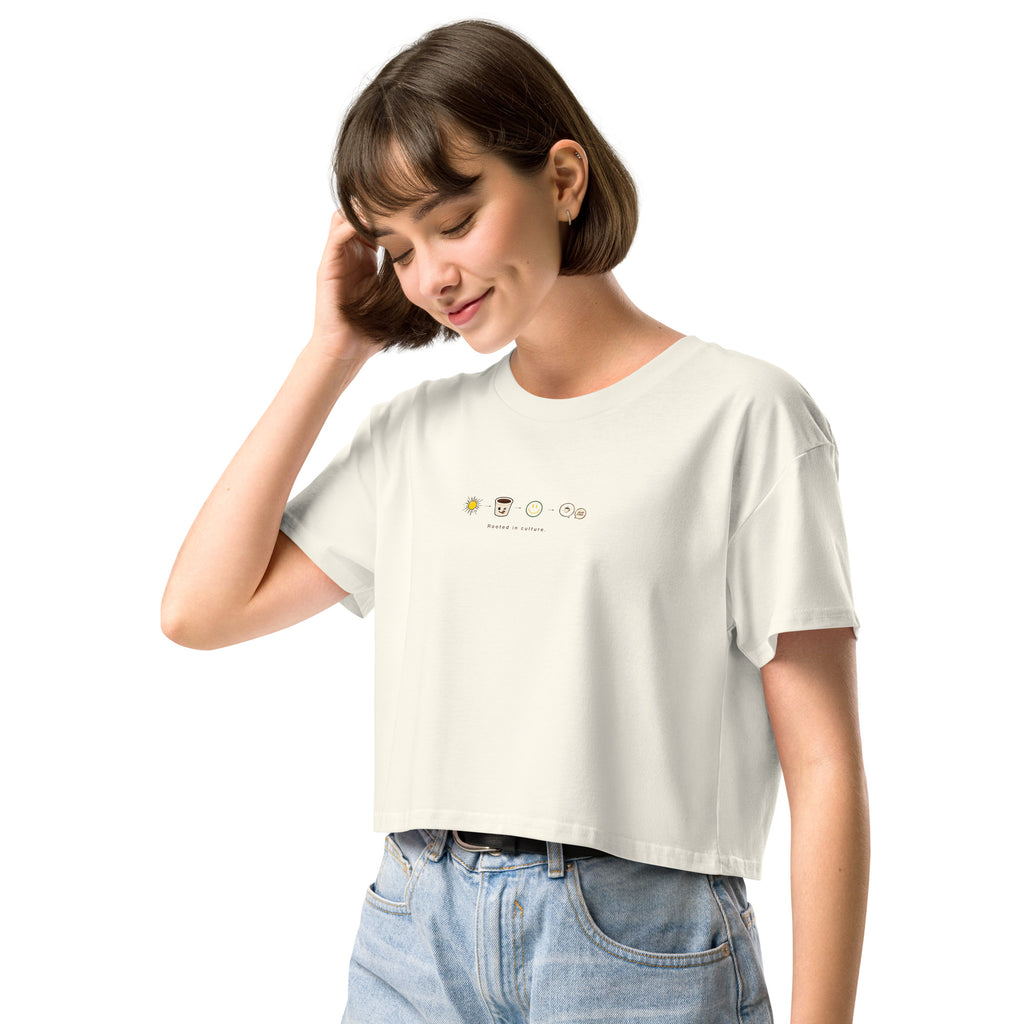 coffee latina t shirt with a sun, coffee cup, happy face, and coffee quote