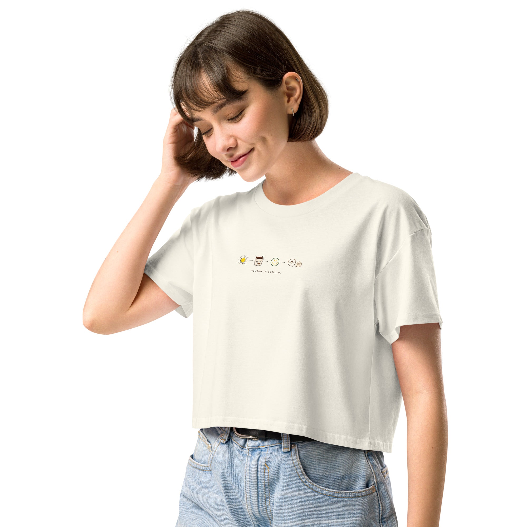 coffee latina t shirt with a sun, coffee cup, happy face, and coffee quote