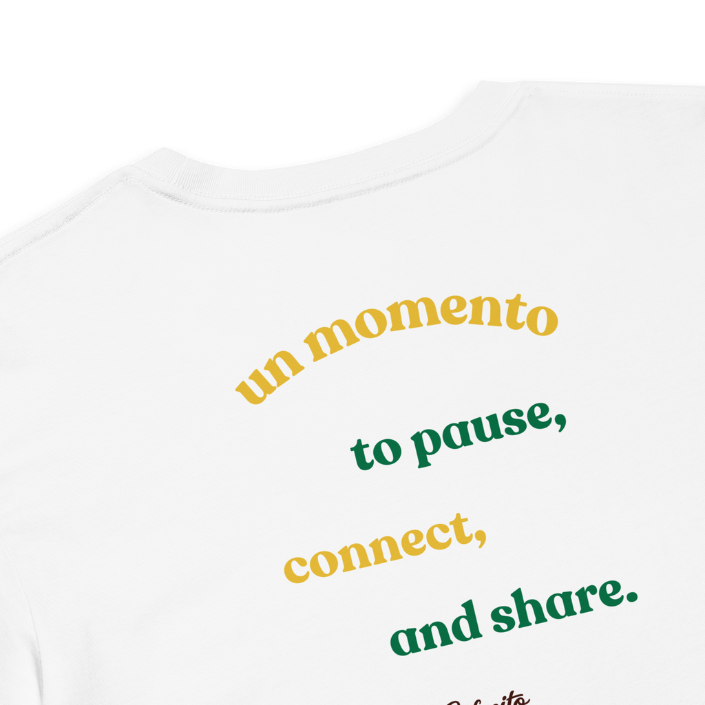 White coffee shirt with yellow and green cafecito quote