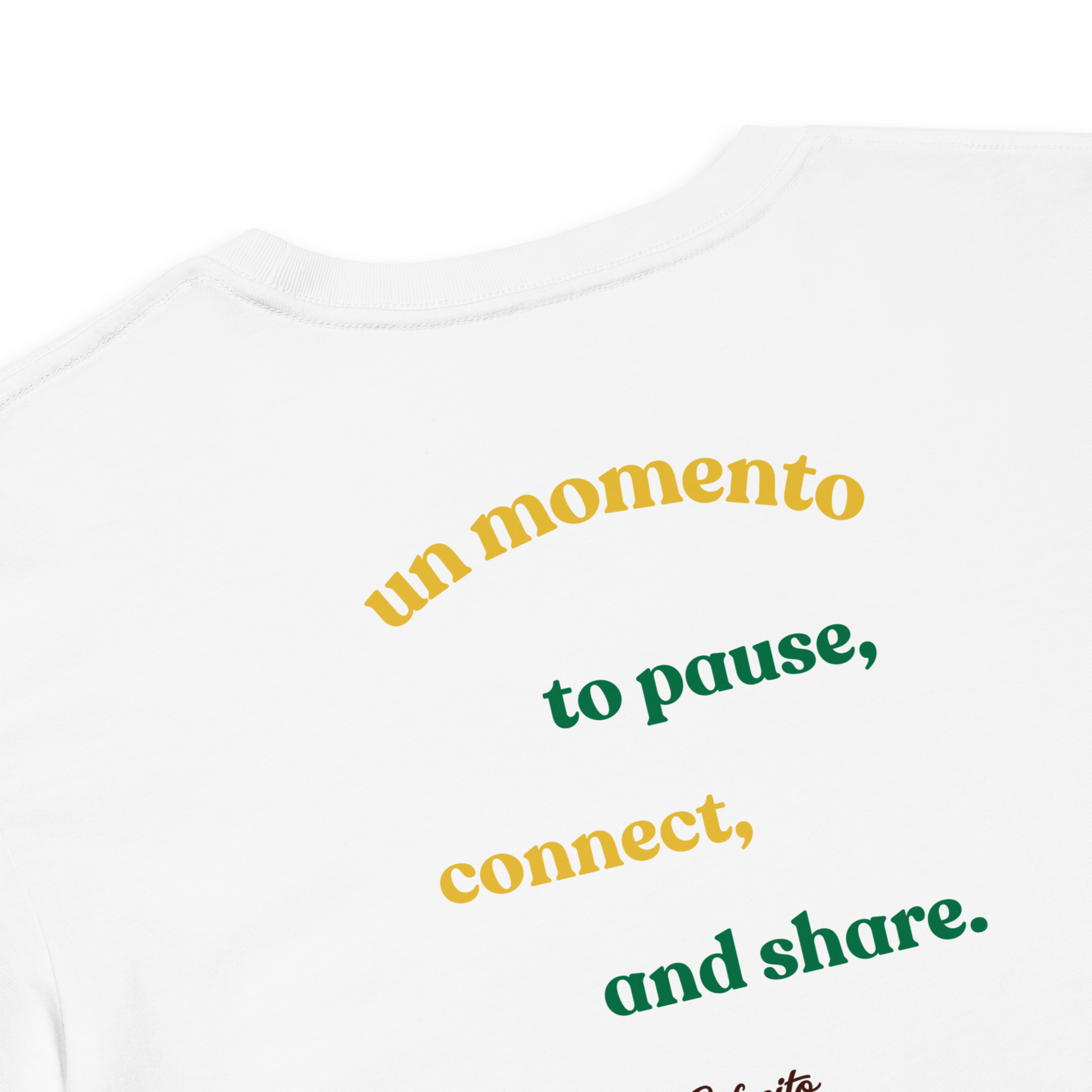 White coffee shirt with yellow and green cafecito quote