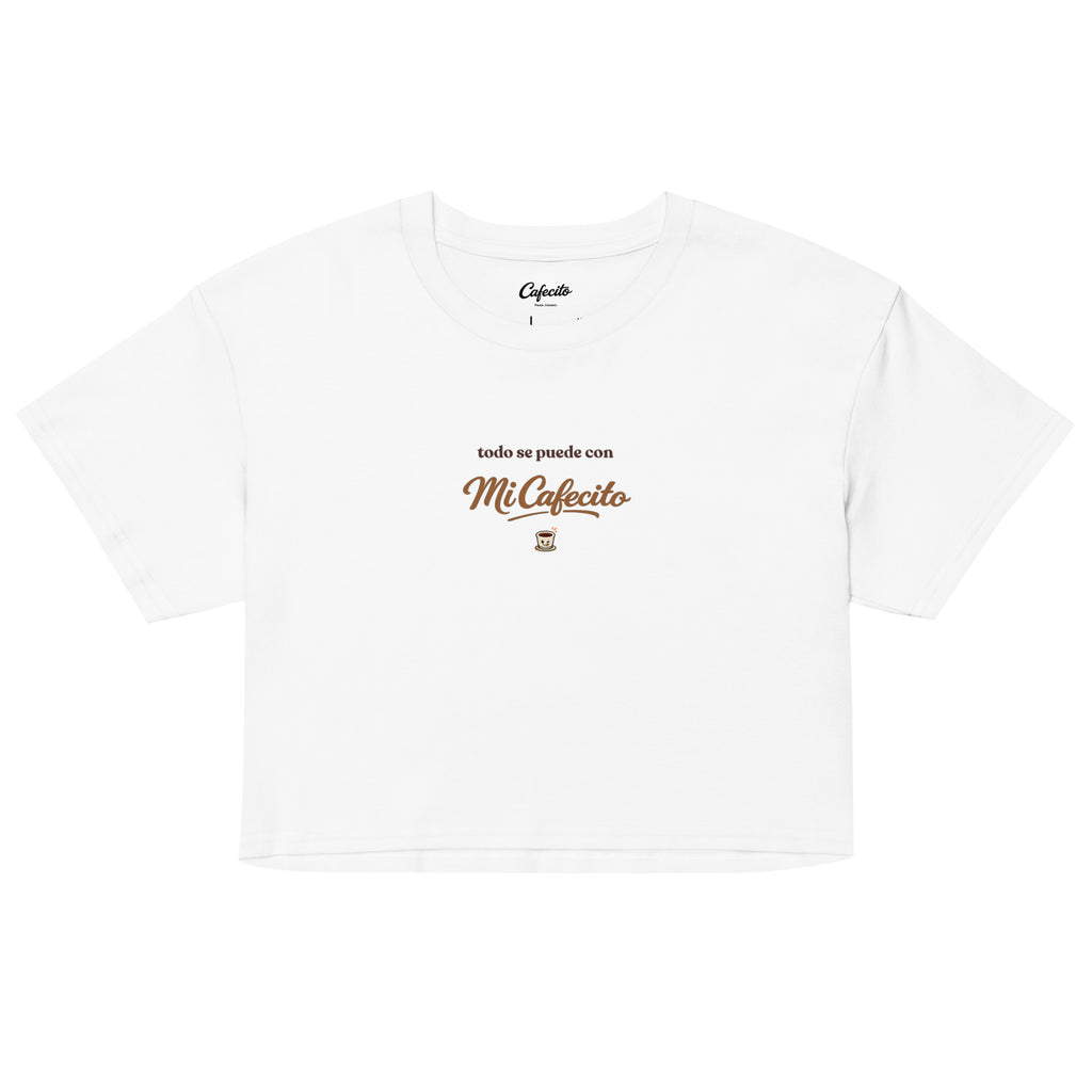 Todo Se Puede Con Mi Cafecito baby tee featuring a Spanish coffee phrase and Cafecito Club script design.