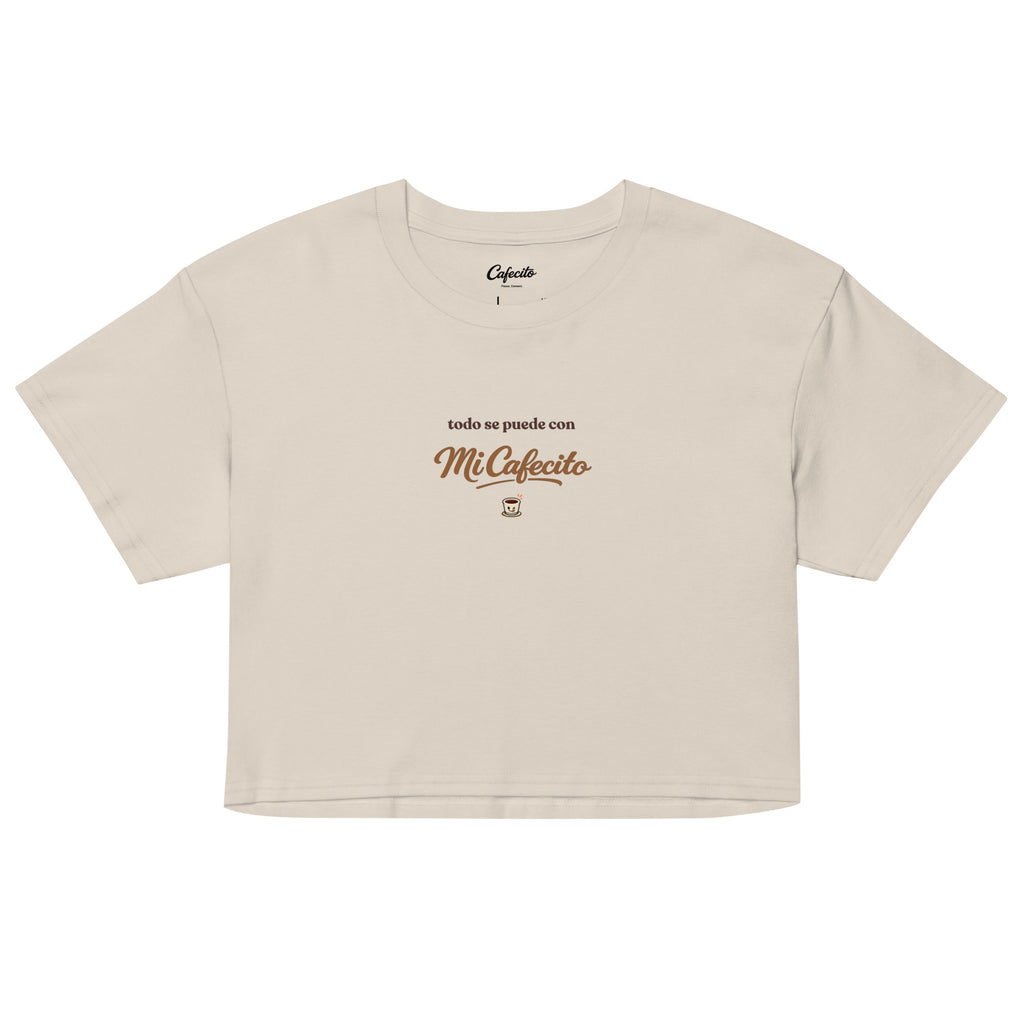 Coffee-themed baby tee with Mi Cafecito script for Latina fashion and coffee lovers