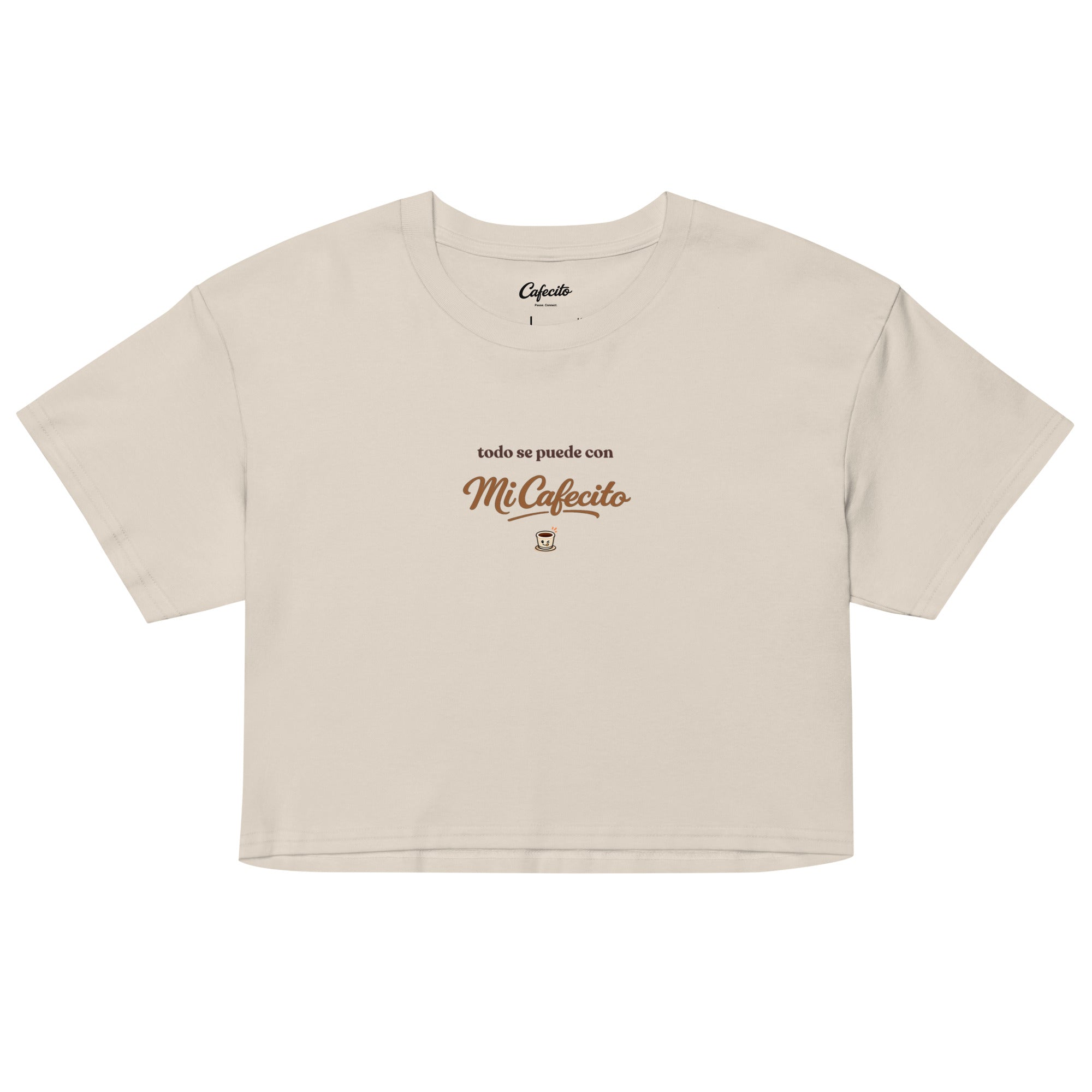 Coffee-themed baby tee with Mi Cafecito script for Latina fashion and coffee lovers