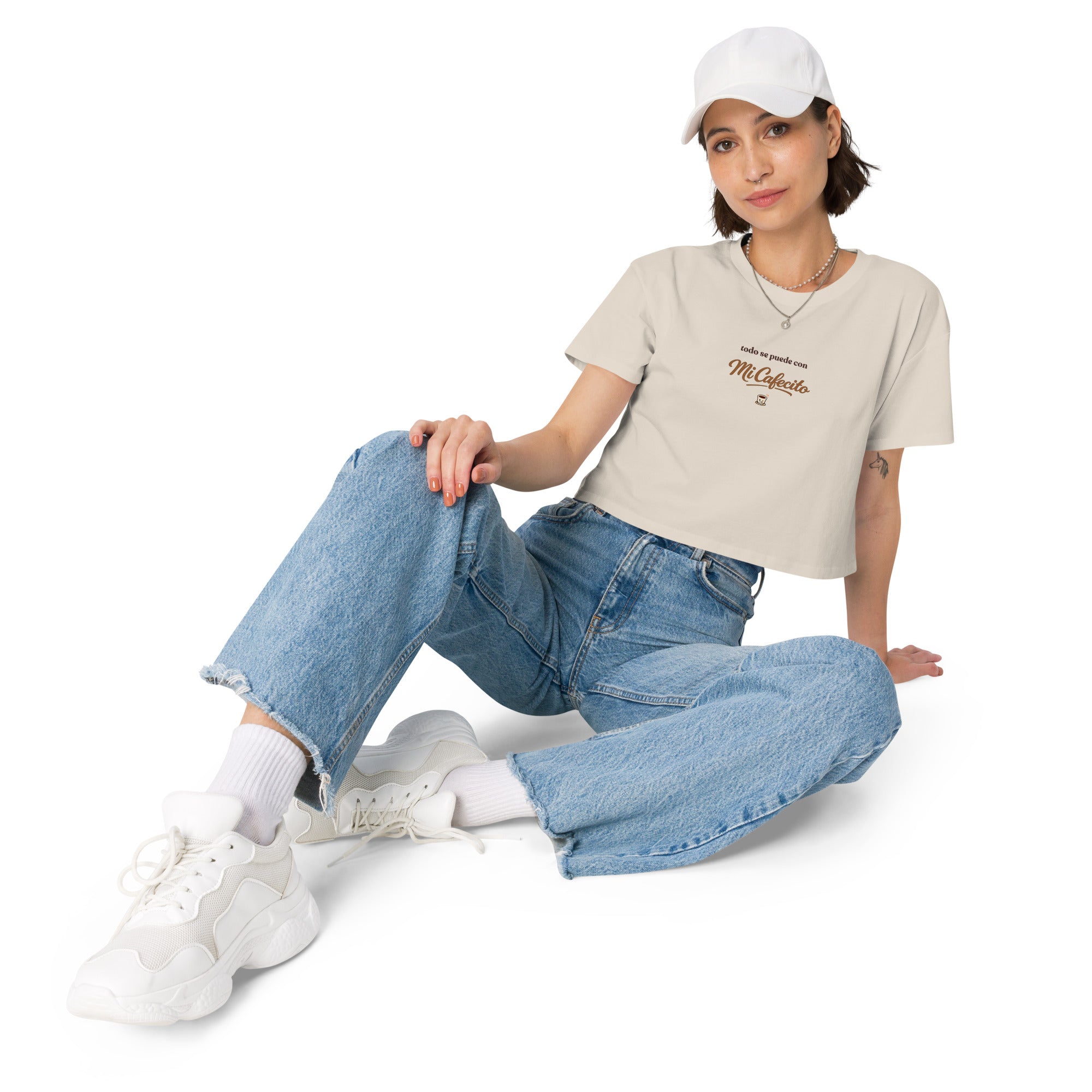 Women’s fitted crop top with Mi Cafecito script inspired by Latino coffee culture.
