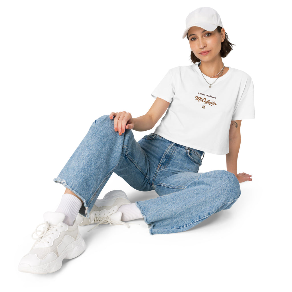 Women’s fitted crop top with Mi Cafecito script inspired by Latino coffee culture.