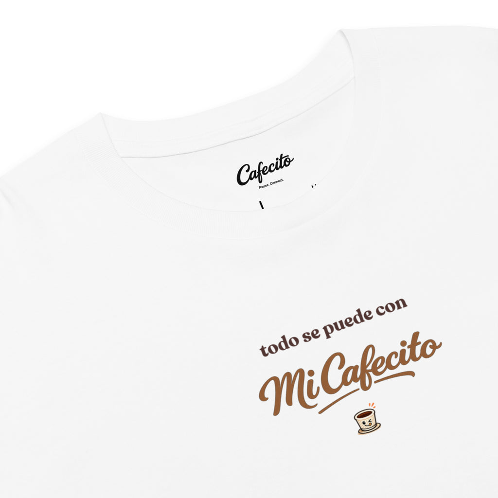 Cafecito Club women’s crop top celebrating cafecito coffee culture and Spanish streetwear.