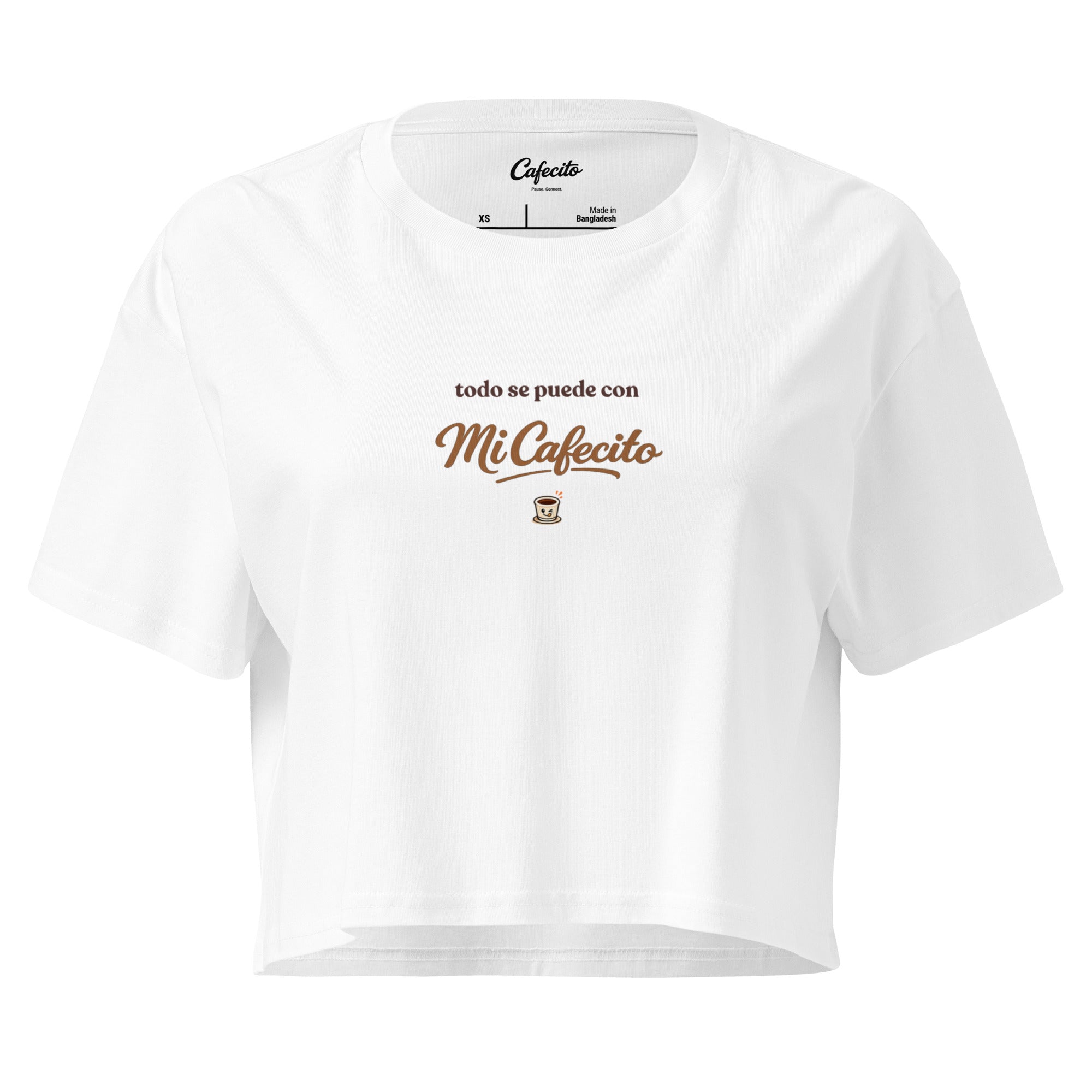 Todo Se Puede Con Mi Cafecito baby tee featuring a Spanish coffee phrase and Cafecito Club script design.