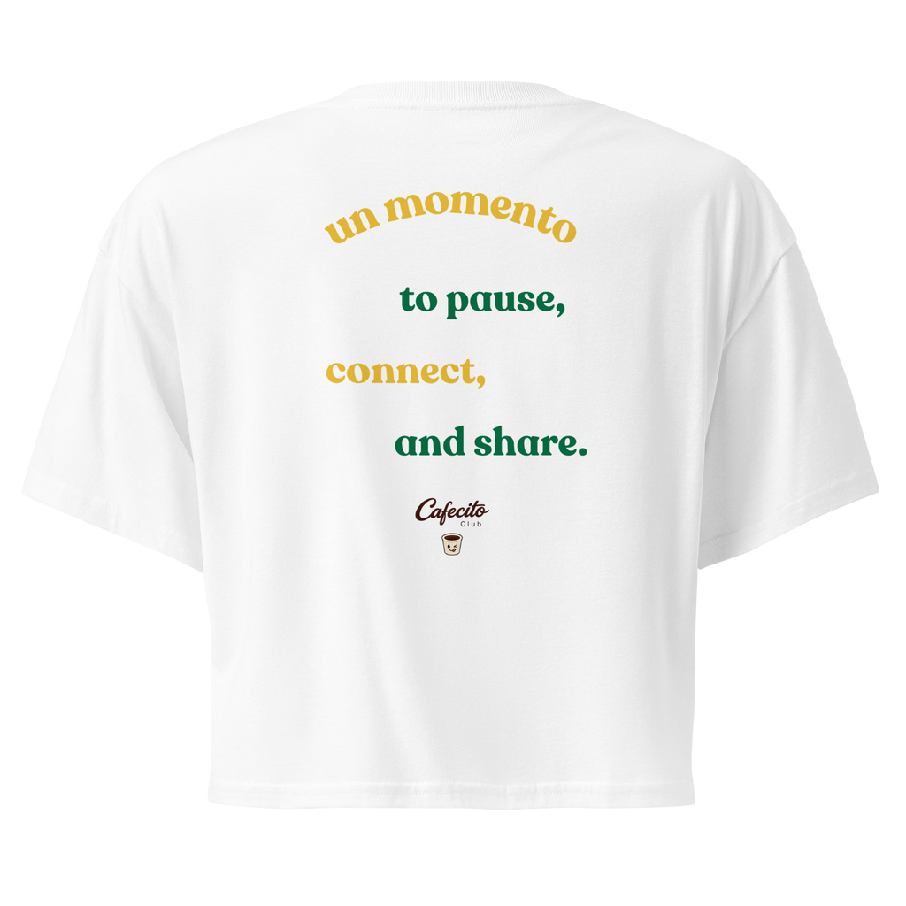 White t-shirt with coffee motivational text and cafecito logo