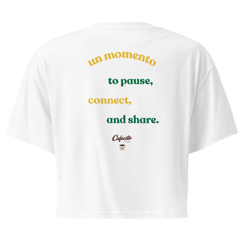 White t-shirt with coffee motivational text and cafecito logo